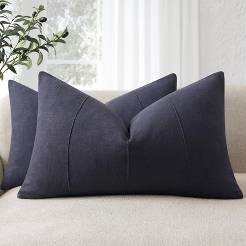 12x20 Pillow Covers Set of 2 Decorative Linen Lumbar Pillow Covers Solid handcrafted Striped Cushion Covers for Bed Soft Modern Farmhouse Neutral Pillowcase for Couch Bedroom Living Room (Dark Navy)