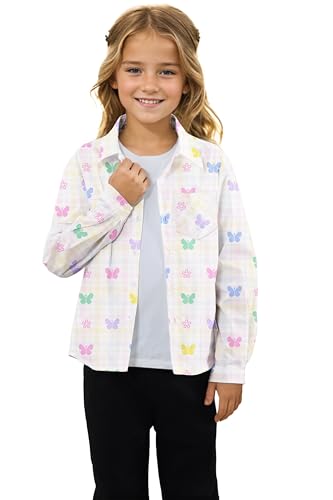 Betusline Girl's and Women's Floral Print Shirt, Kids and Womens Long Sleeve Button Shirts Tops