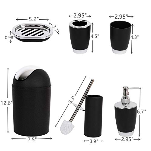 Ycoco Bathroom Accessories Set,6 Pcs Plastic Gift Set Toothbrush Holder,Mouthwash Cup,Soap Dispenser,Soap Dish,Toilet Brush,Trash Can,Black #TOP1