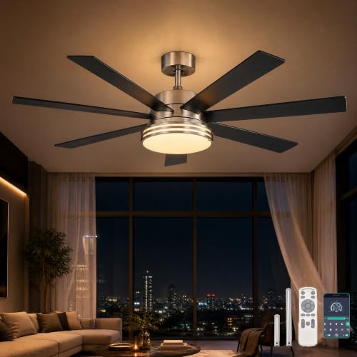 Virelite 62 Inch Ceiling Fan with Light, Brushed Nickel 7 Blade Reversible DC Fan, App & Remote Control, 3 Color Dimmable LED for Large Living Spaces by Virelite - Used condition - US$112.67