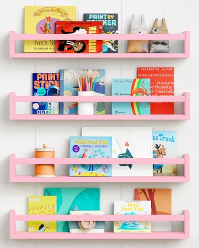 Image of Forbena Large Pink Kids Book Shelves for Girls Room Wall Set of 4, Floating Nursery Book Shelf for Baby Girl Deocr, 24 Inches Long Wall Mounted Bookshelf for Toddler Kid Child Teens Bedroom (Pink)