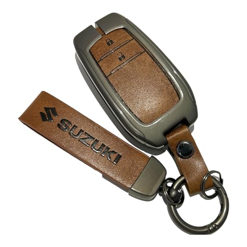 Image of Zinc Metal Alloy Leather Car Key Cover & Case Brown with Keychain & Holder Compatible for Maruti Suzuki Invicto (2 Button Push Smart Key)