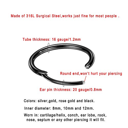 Image of 316L Surgical Steel Endless Hoop Earrings with 16g Tube for Women Silver /Gold /Rose Gold /Black 8mm /10mm /12mm