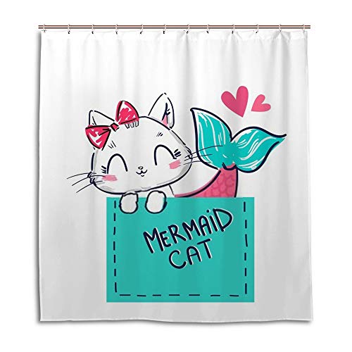 Rideau de douche imperméable en tissu chat sirène polyester 150x180cm - 5