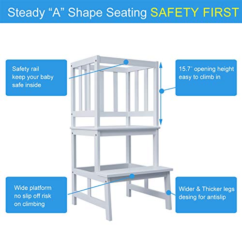 WORTHYEAH Kids Step Stool with Safety Rail, Bamboo Toddler Kitchen Step Stool, Step Tower for Toddlers, Kitchen Helper Stool for Kids, Mother’s Help Stool
