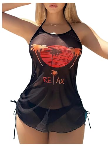 Verdusa Women's Graphic Mesh Sheer Cover Up Halter Backless Drawstring Mini Beach Dress Black Medium