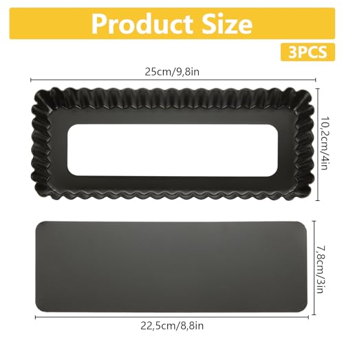 WOPPLXY Confezione da 3 Stampo per Crostata Rettangolare, Stampo per Crostata con Rivestimento Antiaderente 25 x 10,2 x 2,5 cm con Base di Sollevamento, Stampo per Quiche in Lega di Alluminio Nero - immagine 3
