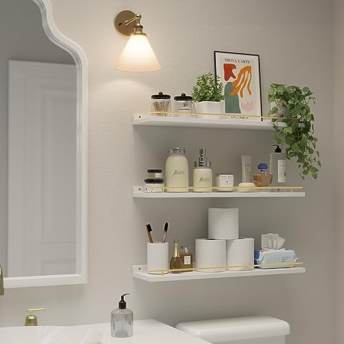 WOPITUES Floating Shelves 24 inch with Gold Metal Guardrail, Shelves for Wall Decor Set of 3, Wall Shelves for Bedroom, Bathroom, Kitchen, Living Room, Plants, Picture Frames, Art- White and Gold - Thumbnail 5