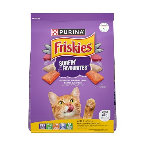 Image of Purina Friskies Surfin' Favourites Adult Dry Cat Food, 6kg, Contains Mackerel, Tuna, Salmon & Sardine Flavours