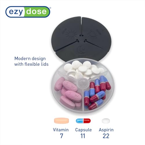 Image of Ezy Dose Weekly (7-Day) Daily Pill Case, Medicine Planner, Vitamin Organizer Container, Compact Round Containers with Flexible Lids and Removable Compartments, 3 Times a Day, Soft Black, BPA Free