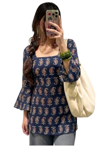 Image of ANNI Designer Women's Viscose Blend Printed Short Kurti | Straight Fit Casual Ethnic Top | Square Neck Full Sleeve Kurta Office College