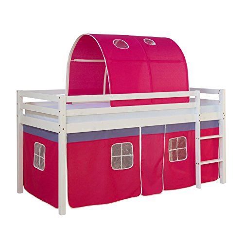 Homestyle4u 1561, Kinderbett 90x200 Weiß Pink Hochbett mit Treppe Tunnel Vorhang Bettgestell Holz Kinderzimmer