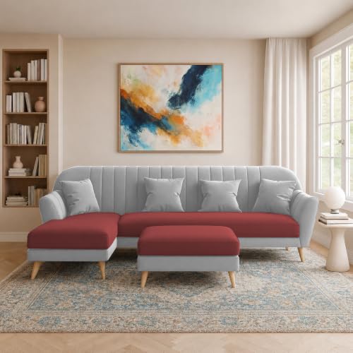 Image of Atticus LHS 6 Seater L Shape Sofa Set with Ottoman Living Room (Maroon Grey Colour Fabric) Premium Fabric Sofa Set for Living Room