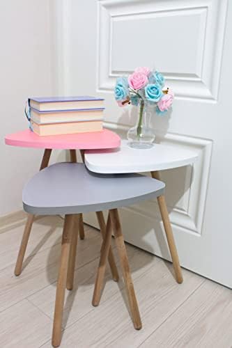 Evdekimoda 3 Piece Set Coffee Table Wood for Living Room and Office, Side table End Table Nested Coffee Tables (Pink, White, Grey, Triangle)