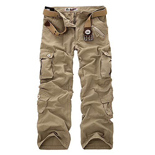 Pantalon Cargo Hombres Pantalones Cargo Militar y Bolsillos Lavados de Algodón (Caqui, 36)