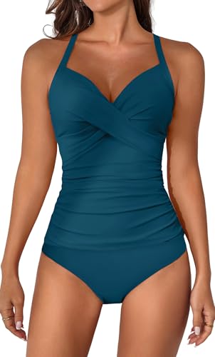 Image of B2prity Women's Tankini Swimsuits Tummy Control Ruched V Neck Bathing Suit