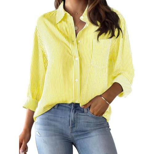 Women's Striped Button-Down Shirt Long-Sleeve Casual Collared Blouses Office Shirt Tops X-Large 00027_yellow
