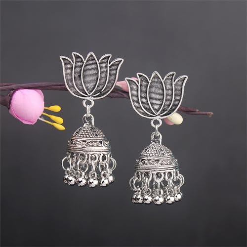 MALOYANVE 4 Pairs Jhumka Indian Earrings for Women Vintage Bohemian Chandelier Bell Tassel Dangle Earring Handmade Ethnic India Jhumki Jewelry for Wedding Party Gift (Silver Flower) by MALOYANVE - Used condition - Image 3