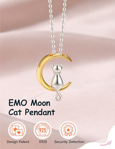 Cat Necklace for Women Girls, 925 Sterling Silver Cat On Moon Pendant 18K Gold Plated Jewelry Gifts for Daughter Girlfriend Cat Lover with Lovely Card4