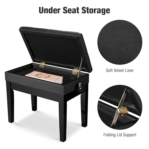 AW Adjustable Piano Bench with Storage Black Wooden Keyboard Stool Seat Leather Cushion Paino Chair for Piano Shop Music School Studio Capacity 400lbs