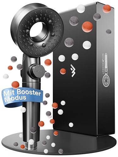 LOBENSWERK Duschkopf mit Filter [3 Modi - inkl. Booster] Duschkopf wassersparend mit Mineralperlen | Handbrause, shower head, Duschbrause in Schwarz inkl. Werkzeug, Ersatzperlen & Edelstahlplatte