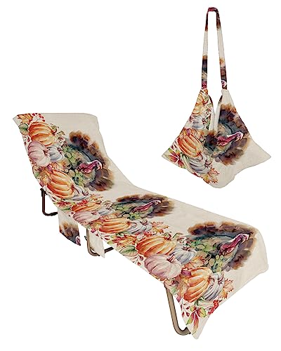 Autumn Turkey, Beach Lounge Chair Towel Cover, Soft Chaise Lounge Towel with Side Pockets Patio Pool Chairs Cover for Beach/Pool Sunbathing 29x85 Maple Leaves Seasonal Harvest Pumpkins