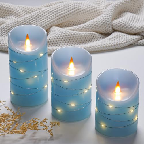 Image of Rechargeable LED Candles, Real Wax, 4 5 6 in, Sky Blue, 3 Pack | USB Rechargeable Real Wax Candles with Remote, Timer and Star Lights