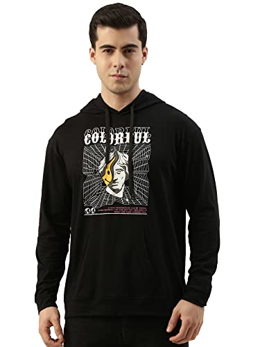Image of Maniac Mens Printed Hooded Neck Full Sleeve Black and White Boxy Fit Cotton T-Shirt