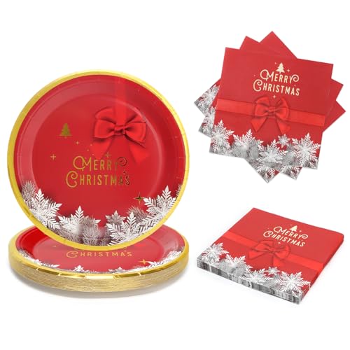 PARTY GO Platos y Servilletas De Papel Navideños 50 Unidades,Incluye 25 Unidades 23 cm Platos Navidad y 25 Unidades Servilletas,Patrón De Copos De Nieve Rojos,Para Decoraciones Navideñas