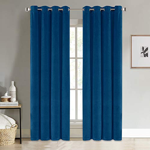 PONY DANCE Thermal Velvet Curtains - Divider Eyelet Thick Blackout Panels Light Blocking for Living Room Home Decoration Bedroom Curtain Panels, Blue, 52 inch Wide by 96 inch Drop, 2 PCs