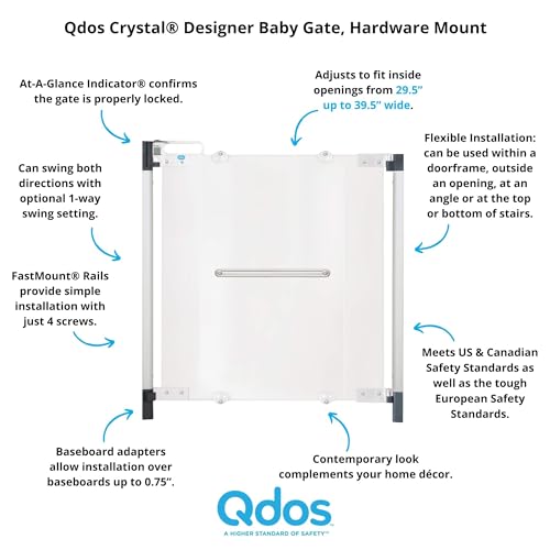 Image of Qdos Safety Crystal Designer Baby Safety Gate - Meets Tougher European Standards - Modern Design and Unparalleled Safety - Beauty & Safety Together at Last - Simple Installation | Hardware Mount
