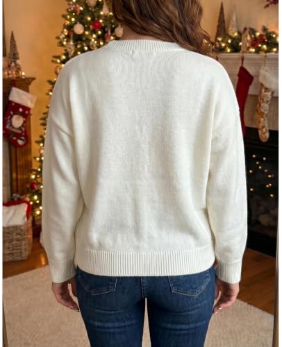 Image of SELINK Women's Holiday Sweater Crew Neck Print Casual Long Sleeve Pullover | cute tops, knit graphic sweaters, sequin letters, festive outfits, comfort fit for party daily wear