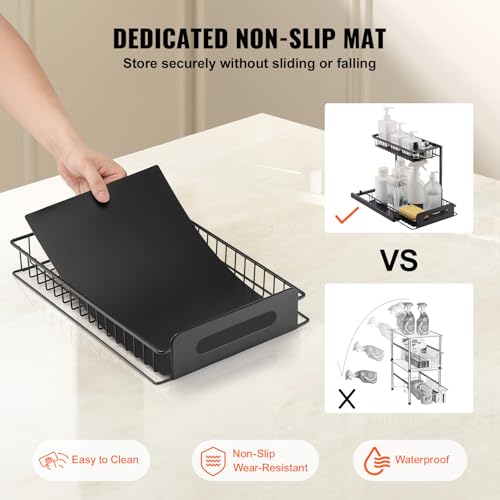 VEVOR 2 Tier Pull Out Cabinet Organizer(10.7"W x 14.2"D ), Under Sink Organizer and Storage, Slide Out Drawer Cabinet Organizer, Wire Basket Sliding Shelf for Kitchen Bathroom Cabinet, Black (2 Pack) - Image 5