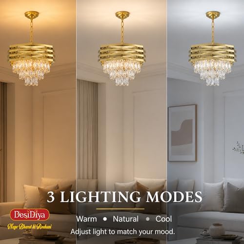 Image of Desidiya Led Modern Crystal 400mm Golden Finish 7 Metal Square Layered 3 Tier Chandelier | Decorative Hanging False Ceiling Led Light for Living Room Ceiling Light Decorative for Drawing Room
