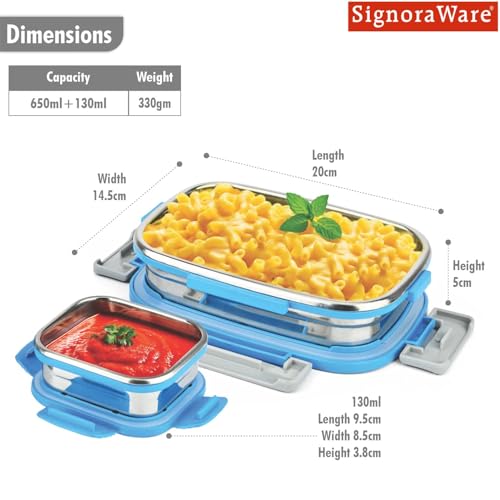 Image of SignoraWare Quickmeal Stainless Steel Small Lunch Box | Airtight & Leakproof | Portion Control | Easy to Carry | Ideal for Office, School, Kids & Travel (650ml + 130ml | TBlue)