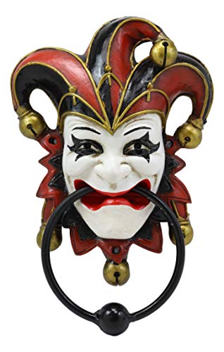 Ebros Harlequin Red Carnival Circus Jester Clown Door Knocker Figurine 8.75" High Halloween It Decorative Accent For Sculpture Doors Knockers Theatrical Costume Pantomime Performance Prop Accessory #TOP1