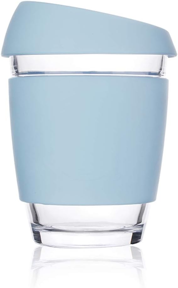 Wave Reusable Glass Coffee Tea Cup - Silicone Lid Travel Mug Takeaway - Barista Size 12oz/350ml - Unisex Eco-Friendly (Pastel Blue)