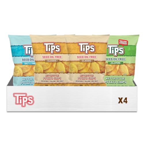 Image of TIPS Potato Chips - Snack Pack - Tallow Cooked - Seed Oil Free & Gluten Free - Kettle Style Potato Chips Made with Potatoes, Beef Tallow, and Sea Salt (5oz 4 Pack, Variety Pack)