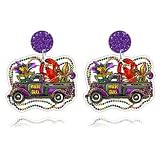 Dreuyet Mardi Gras Earring Colorful Acrylic Carnival Cosplay Party Earring Crown Carnival Mask Letter MARDI GRAS Dangle Earrings Funny Drop Earrings (Car)