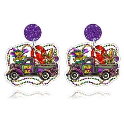 Dreuyet Mardi Gras Earring Colorful Acrylic Carnival Cosplay Party Earring Crown Carnival Mask Letter MARDI GRAS Dangle Earrings Funny Drop Earrings (Car)
