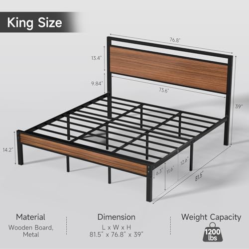 Image of Z-hom King Metal Bed Frame with Wooden Headboard and Footboard, Heavy Duty Platform Frame with Metal Slats, No Box Spring Needed, Quiet and Non-Slip Design, Space Saving Bed Frame for Bedroom,Walnut