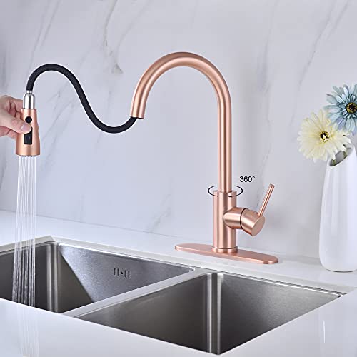 Delle Rosa Kitchen Faucet, Copper Rose Gold Kitchen Faucet, Kitchen Faucet With Pull Down Sprayer, 304 Stainless Steel Kitchen Faucet With Deck Plate #TOP3