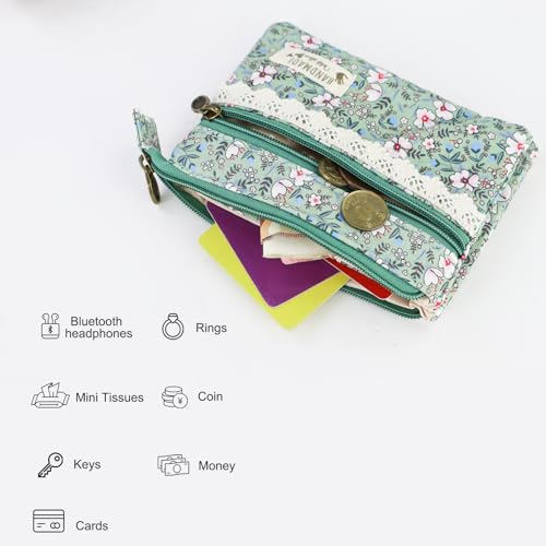 FuninCrea Mini portfel damski na monety z 2 kieszeniami na zamek błyskawiczny, wzór kwiatowy Coin Purse dla kobiet i dziewcząt, bawełniany damski portfel na drobne pieniądze na karty, bilon i monety