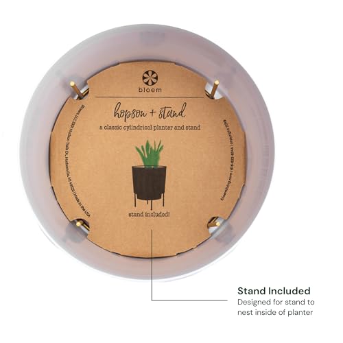 Bloem Hopson 14" Round Casper White Plastic Resin Planter with Drainage Holes and Gold Metal Stand, Made in USA