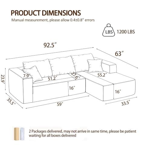 Image of 92.5 inch Modualr Sectional Sofa, L-Shape Corduroy Cloud Couch with Chaise,Upholstered Memory Foam Boneless Couch for Living Room, No Need Assembly,Blue(Right Facing Chaise)