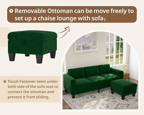 Image of SRMS Sectional Couches for Living Room 78 inch L Shaped Sofa with Storage Ottoman | Free 3 - Pillows | Sofa Set for living Room, Office | Modern Classic 3 Seater Sofa Set | Timeless Appeal | | Dark Green