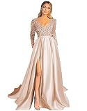 Verngo High Slit Prom Dress Sequin Satin Formal Gowns A-line Champagne Plus Size Long Sleeve Party W