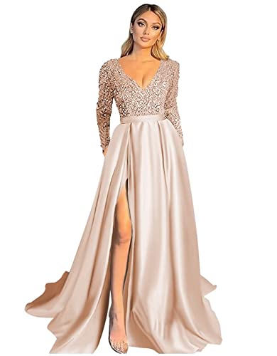 Verngo High Slit Prom Dress Sequin Satin Formal Gowns A-Line Champagne Plus Size Long Sleeve Party Wedding Gown Size 2023 18W #TOP15