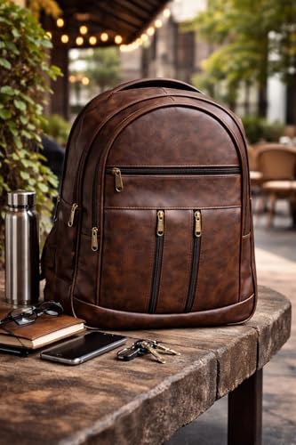 Image of Laptop Backpack for Men & Women | Black Faux Leather Office & Travel Bag 40L | Spacious Laptop Compartment | Front Organizer Pocket | College, Business & Daily Use