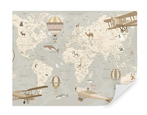 TAPEKO Papel Pintado Infantil 260x180 cm Mapamundi Aviones Globos Fotomurales para Niños y Niñas Prémium Interior Papel Pintado Pared Marfil u36066